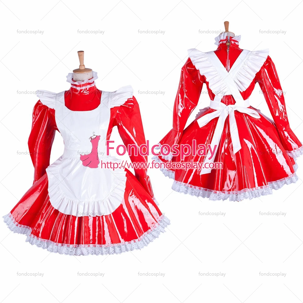 

fondcosplay adult sexy cross dressing sissy maid short red heavy PVC lockable Dress vinyl Uniform white apron Tailor-Made[G1548]