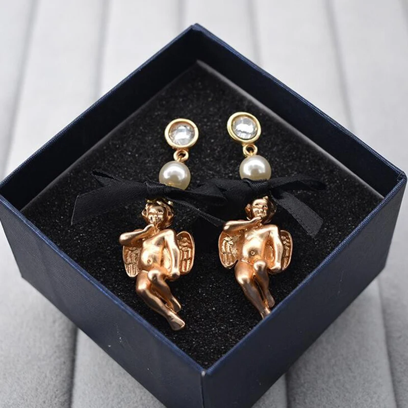 Женские серьги-подвески angel + bowknot pearl Модные Винтажные золотые длинные серьги в