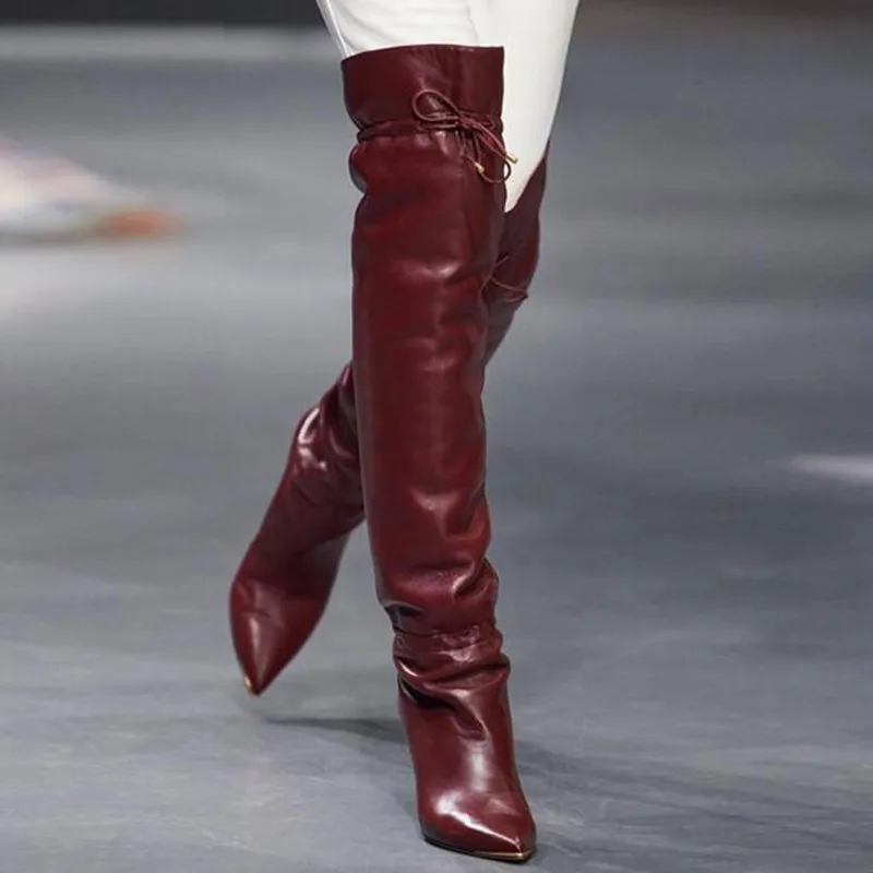 Jual Sepatu Bot Atas Lutut Mode 2021 Sepatu Bot Ujung Lancip Bordir Mewah Wanita Sepatu Hak Tinggi Renda Wanita Botas Mujer