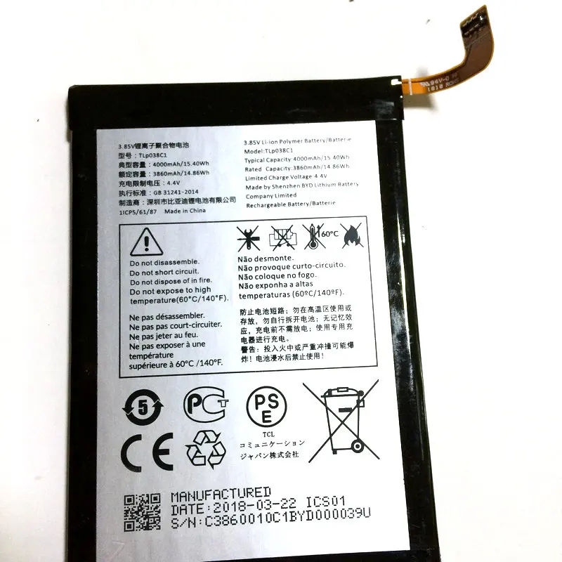 Новый оригинальный аккумулятор 3860/4000 мАч TLP038C1 для сотового телефонная батарея Alcatel 7 6062w