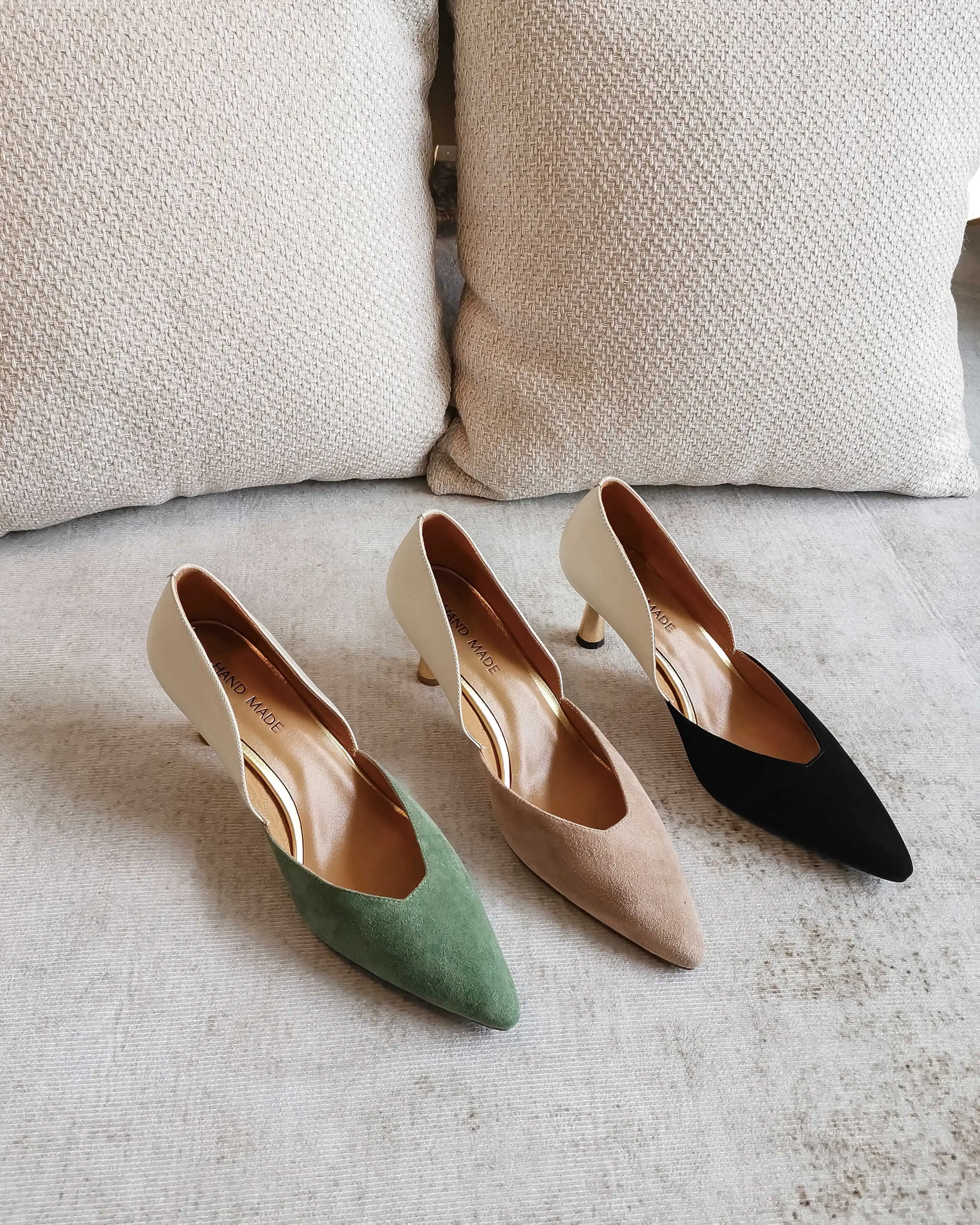 

Lenkisen european style sheep suede mixed colors metal fastener pointed toe thin high heel slip on elegant lady women pumps L9f1