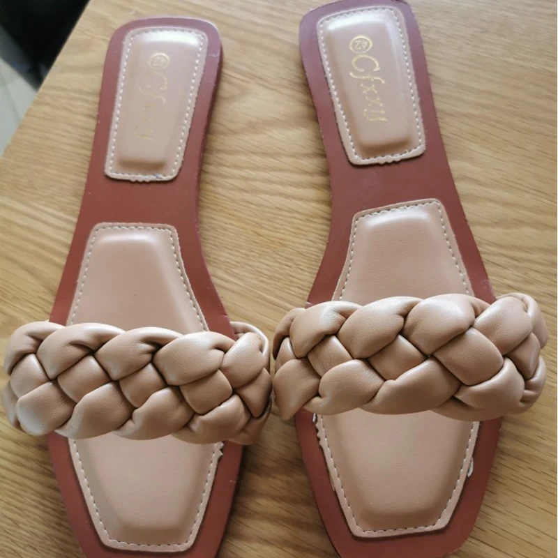 

2021 Fashion Flat Slippers Women Weave Slides Sandal Ladies Mules Outdoor Beach Lady Shoes Woman Home Slippers Female Flip Flops