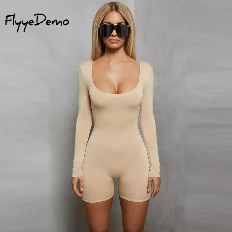 Женский Облегающий комбинезон с v-образным вырезом бежевый черный однотонный