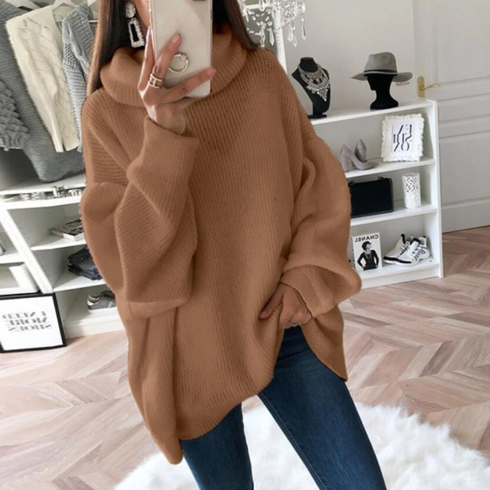 

2020 Women Oversize Basic Knitted Sweater Female Solid Turtleneck Collar Pullovers Warm Autumn Winter Sweater
