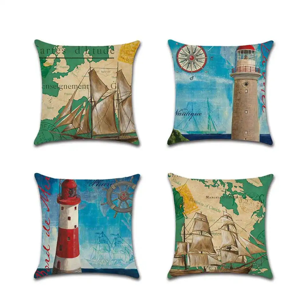 

Linen Home Decor Pillow Sailing Boat Lighthouse Compass Linen Cushion Decoration Pillow Sofa 45*45cm