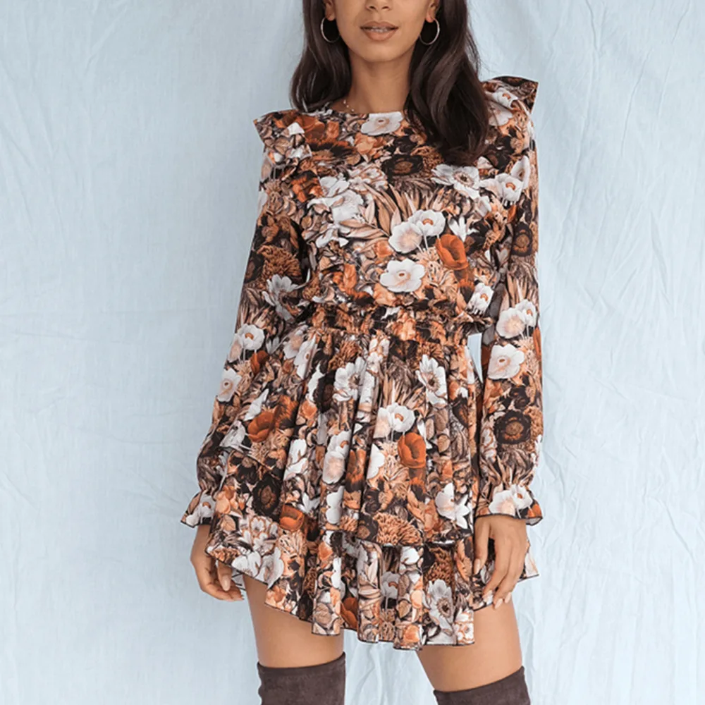 

Женское элегантное мини-платье с круглым вырезом, длинным рукавом и цветочным принтом, облегающее Повседневное платье для поездок, офисное ...