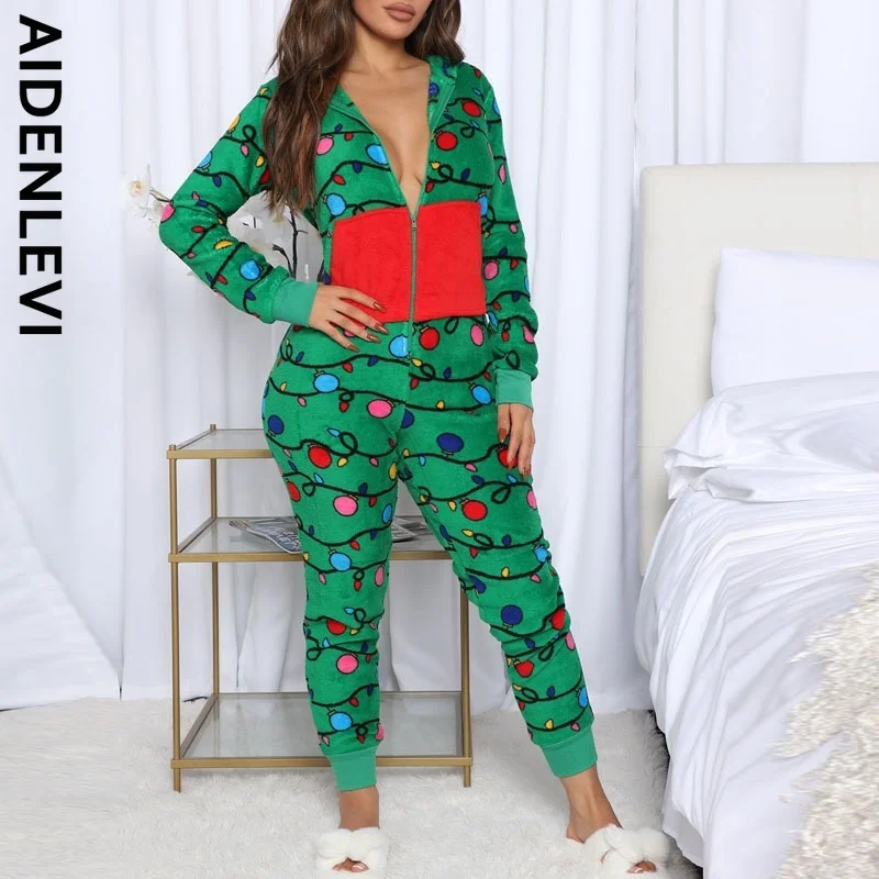 

Рождественская Пижама 2021, повседневная домашняя одежда в клетку с капюшоном, Рождественский комбинезон с принтом ярких цветов, Женский цел...