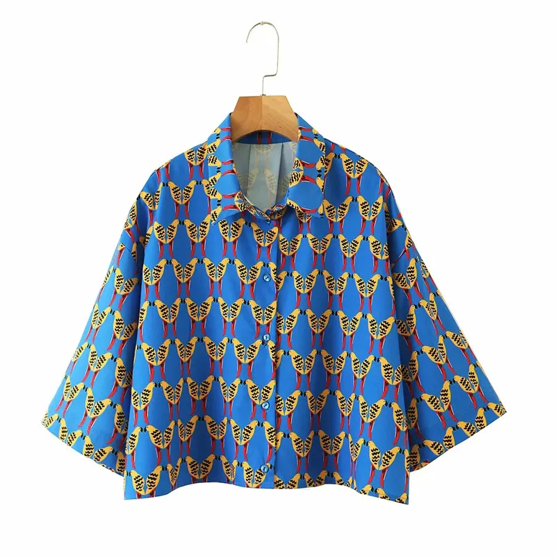 Летняя женская повседневная короткая блузка с принтом диких птиц za 2020 элегантная однобортная Свободная