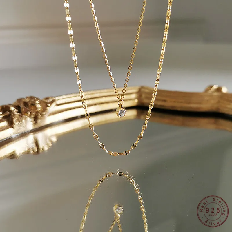 

925 Sterling Silver French Simple Crystal Pendant Clavicle Chain Double Necklace Female Classic Fashion Party Jewelry Gift