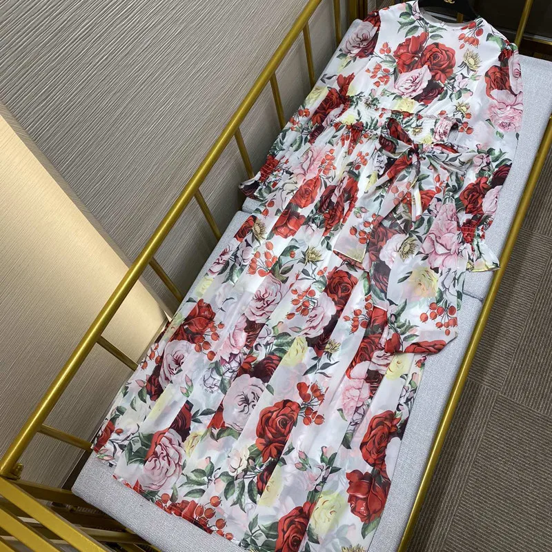 

2021 Spring Fashion Women Runway Designers Full Sleeve Flower Printing Chiffon Maxi Party Dress Bohemian Chiffon Vestidos