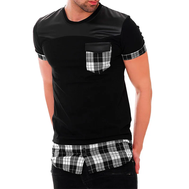IceLion 2021 Summer Plaid Patchwork T Shirt Men Fashion Fake Two Pieces T-shirt Casual Tops Men's Short Sleeve Slim Fit Tshirt | Мужская