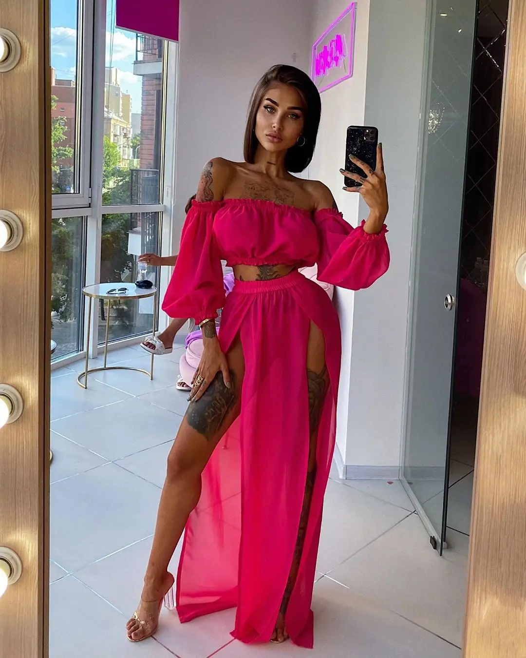 

Women's Swimwear 2021 Summer Off Shoulder High Cut Bathing Suit Separate Bikini Sarong Transparent Sexy Soild Slimming Swimsuit