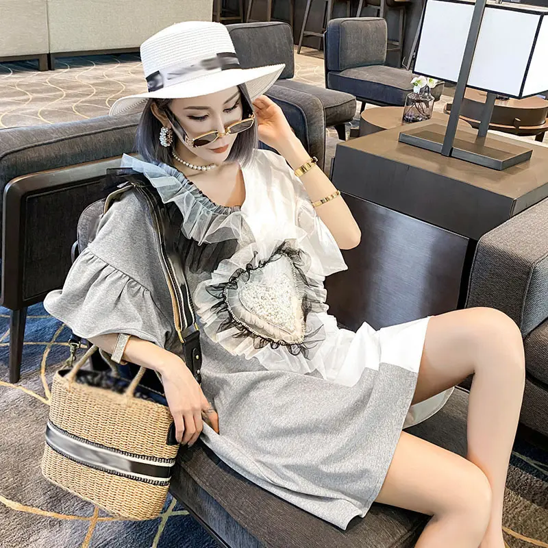 

XITAO Heart-shaped Pattern Beaded Dress Sequins Patchwork Color Contrast Summer New Style Butterfly Sleeve Dress WMD1120