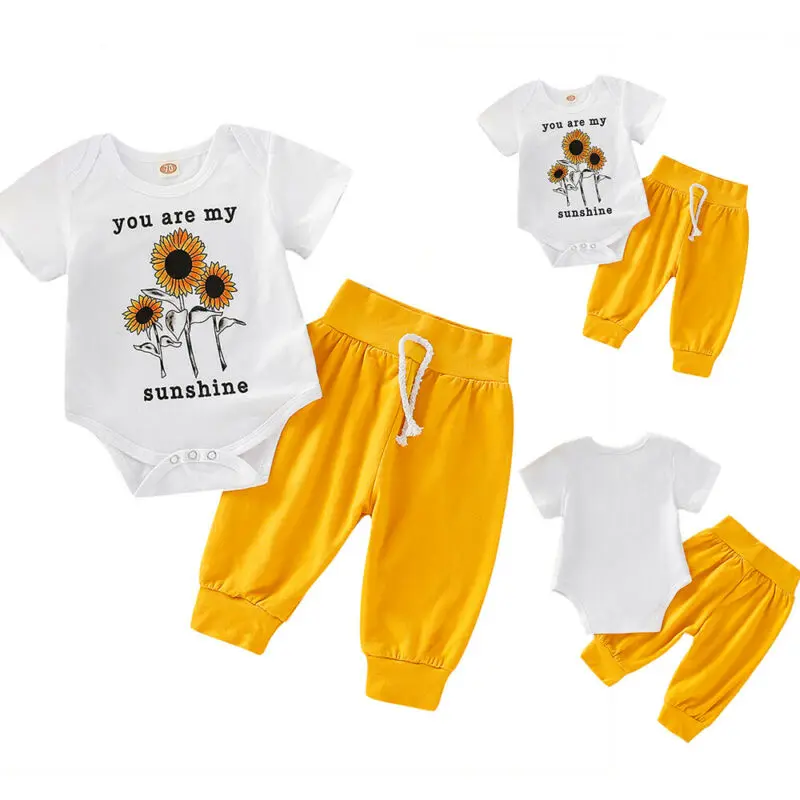 

Summer Outfits Set Baby Sunflower Printed Romper and Lace Up Pants Suits
