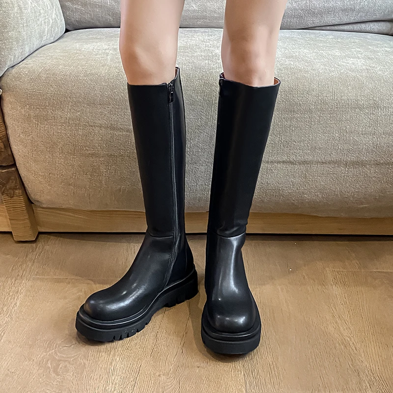 

MoonMeek 2020 New arrival knee high boots genuine leather boots square heels round toe platform black color women boots