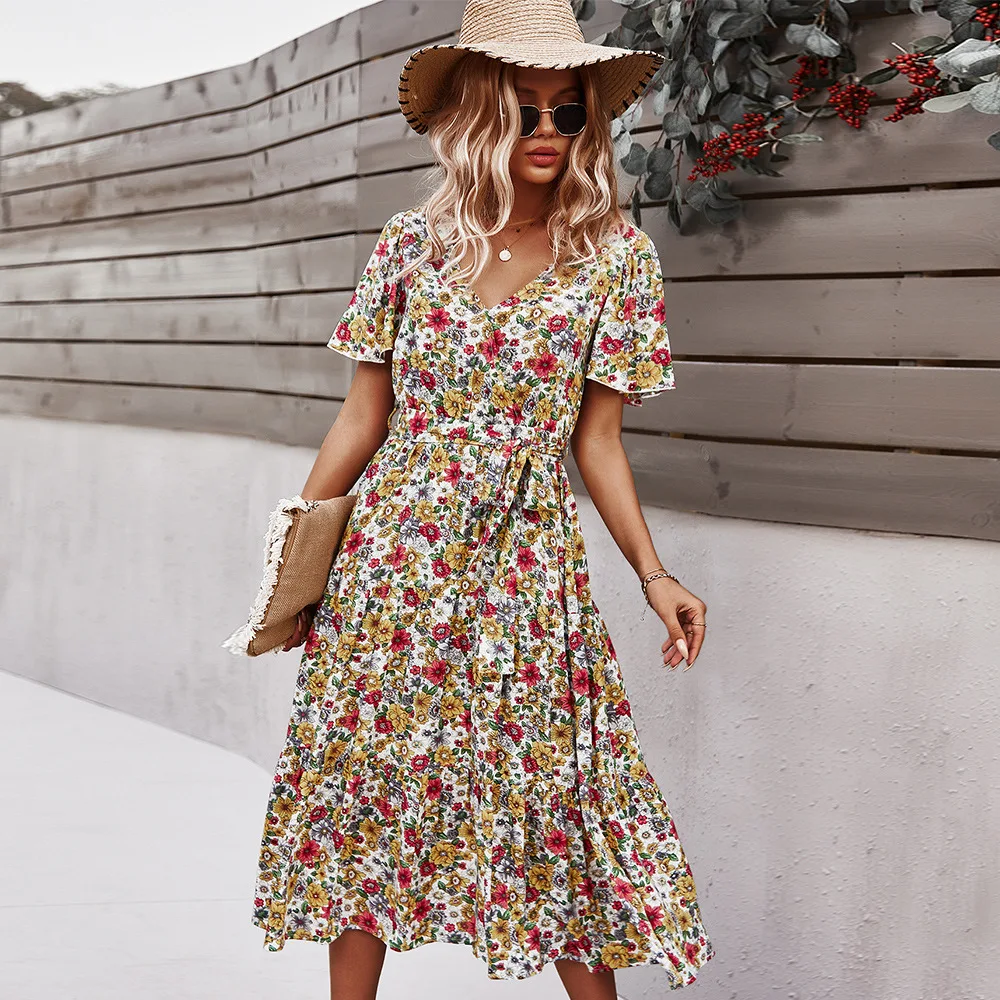

Ladies Vintage Maxi Floral Print Summer Dress Women Bohemian Slim Casual High Waist Bandage Women Beach Dress Female Vestidos