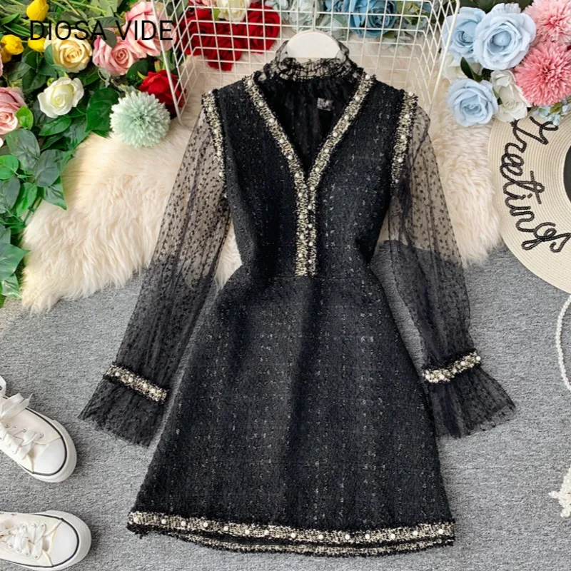 

Little Fragrance Dress Set Female Half Turtleneck Lace Shirt Two-Piece Tweed Beaded V-neck Vest