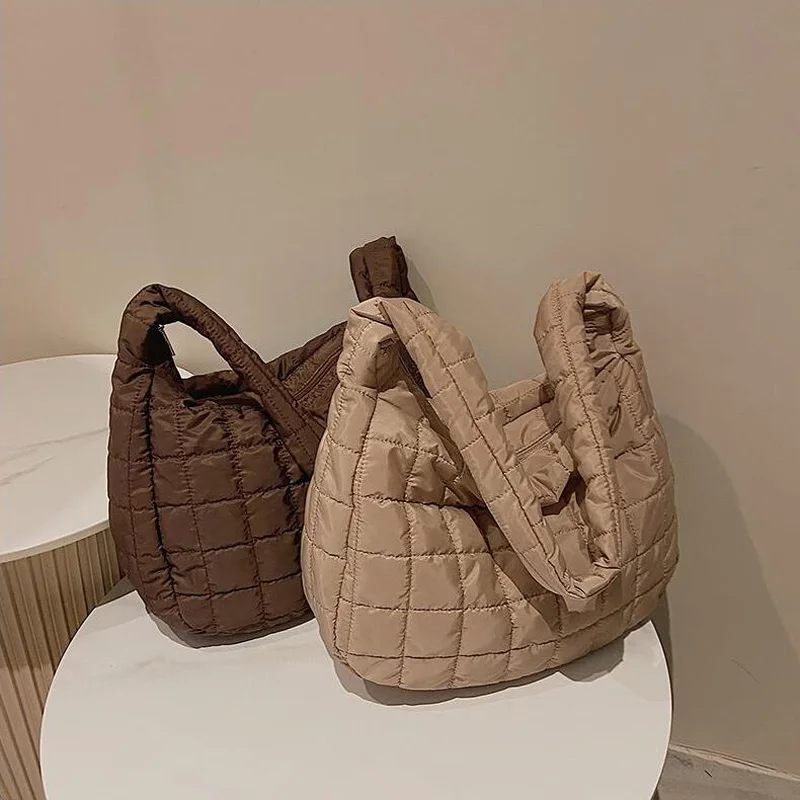 

Women Casual Plaid Big Female Tote Fashion Shoulder Bags Designer Handbag Nylon Down Cotton Crossbody Bags sac de luxe femme