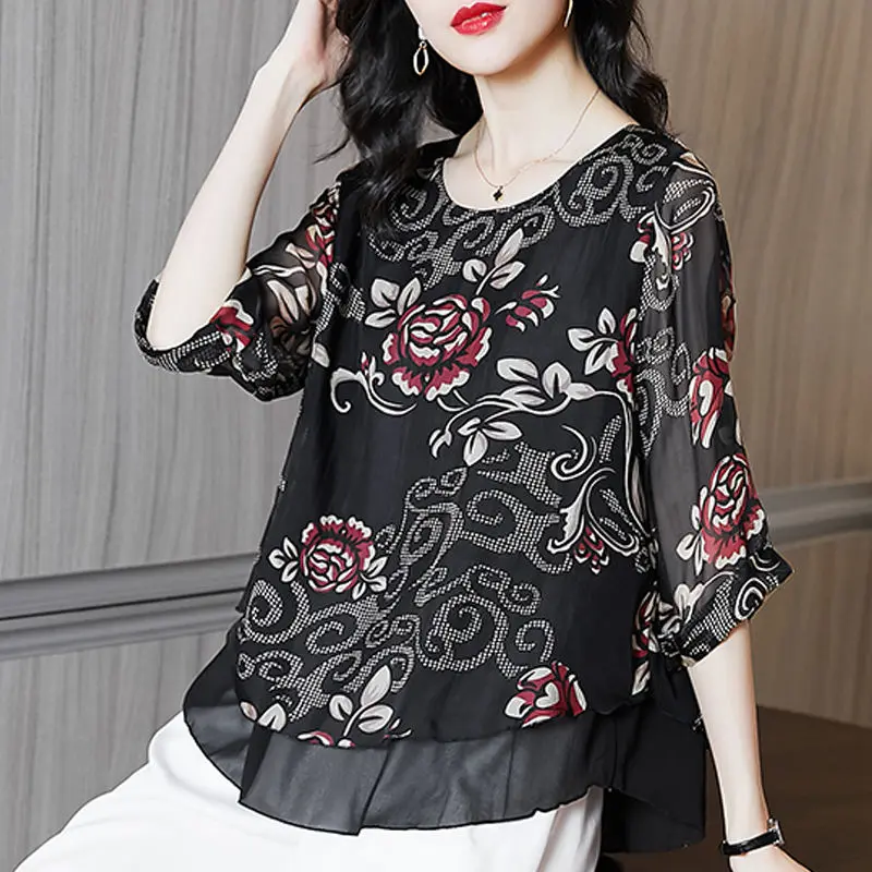 Шифоновая рубашка с имитацией двух предметов рукавами средней длины и круглым