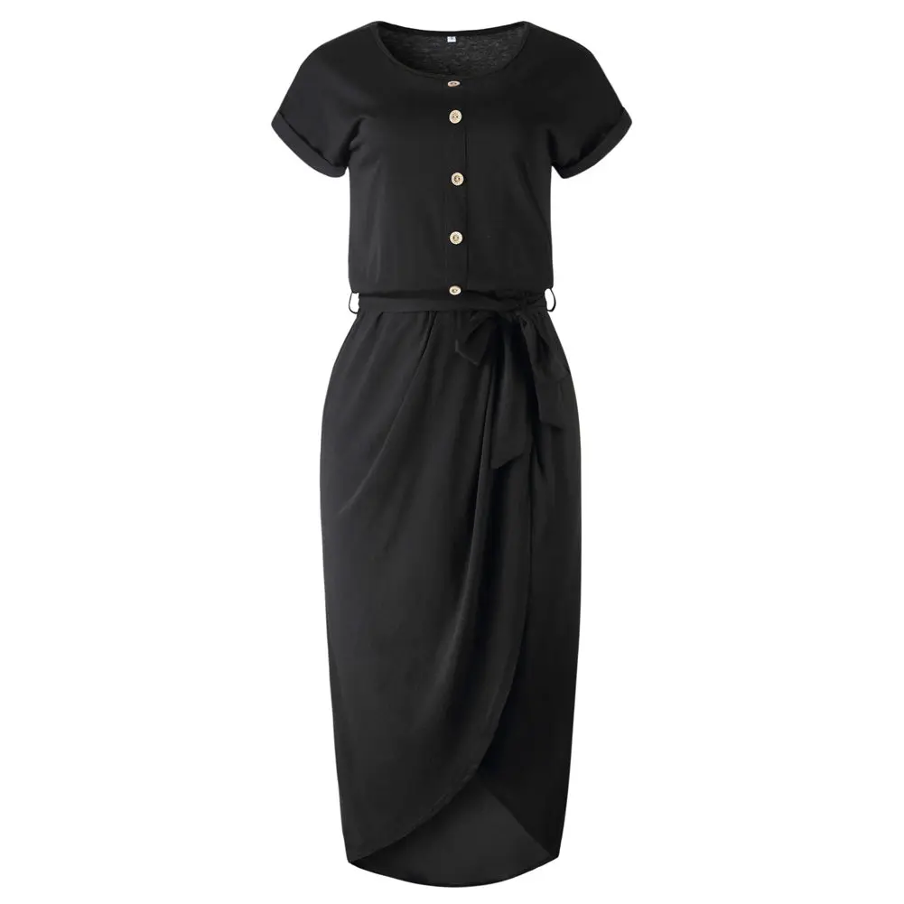 

Hot Women Lace-up Button Split Dress Round Neck Short Sleeve Irregular Dress Summer Beach