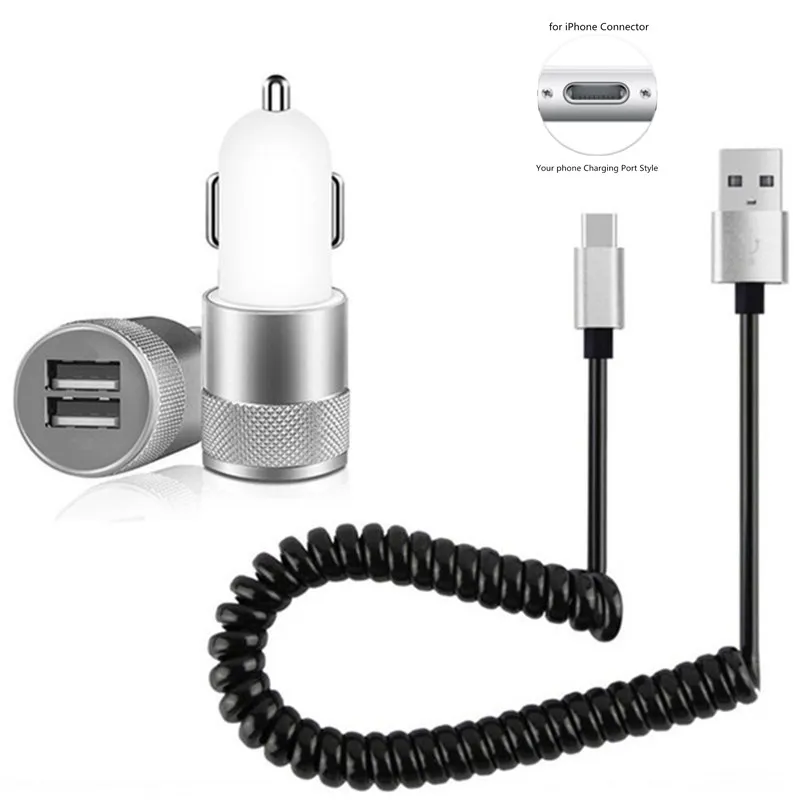 Автомобильное зарядное устройство с 2 портами, пружинный usb-кабель для iPhone Xiaomi mi 8 Explorer 9 SE 9T Pro A3 Red mi K20 4A 4X5 Plus Note 5A 6 7 Pro - Тип штекера: for iPhone 8Pin