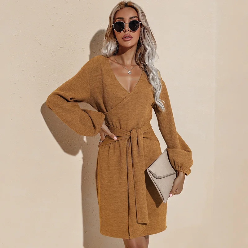 

Women Dress Vintage Knit Sweater Dress Long Sleeve Hip V Neck Tie Solid Color Casual Dress Autumn Winter Knitwear Maxi Vestito