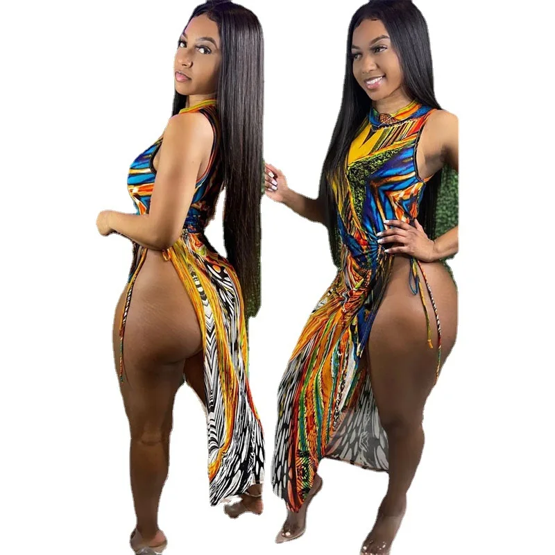 

Women Dress Polyesterr 2021 New Sexy Round Neck Print Nightclub Split Printing Dress Summer Dress Women Bandage Dress