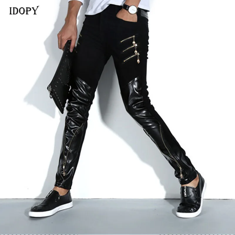 Idopy Fashion Men's Night Club DJ Pants Skinny Patchwork PU Leather Pants With Zippers Punk Style Black Trousers For Men