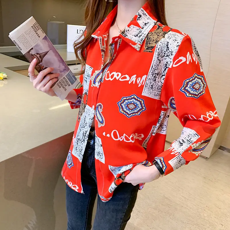 

MOYISU 2021 Spring New Polo Neck Red Women Shirt Temperament Chiffon Long Sleeve Blouse Retro Printed Casual Shirts Top