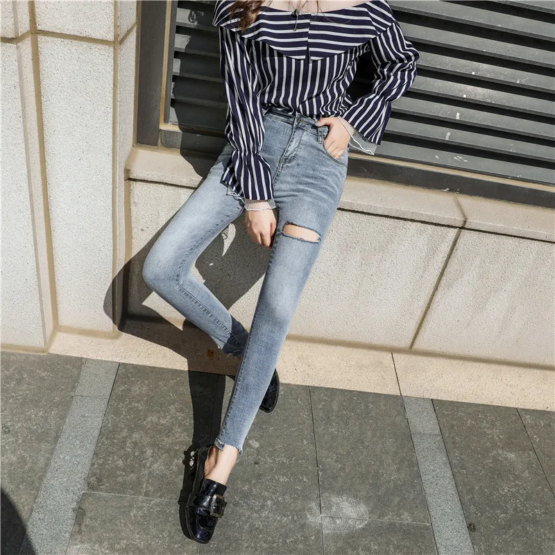 Новинка рваные джинсы женские винтажные высокие с хвостом узкие тонкие джинсы| |