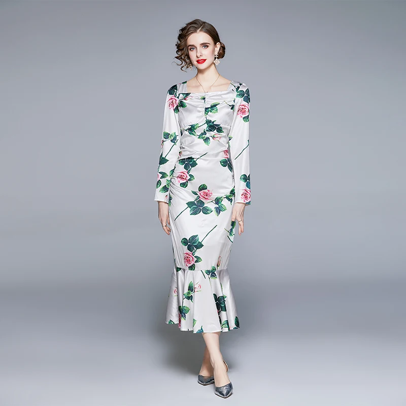 ZUOMAN Women Spring & Autumn Elegant Trumpet Dress Festa High Quality Long Floral Party Robe Femme Vintage Designer Vestidos