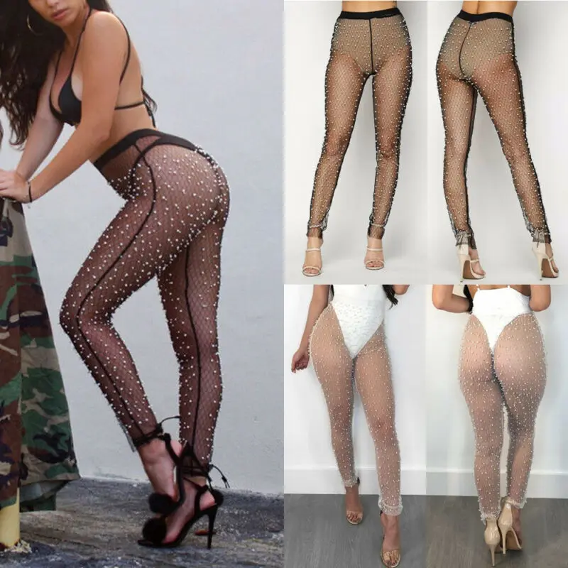 Брюки женские прозрачные сетчатые с высокой талией сексуальное ажурное для