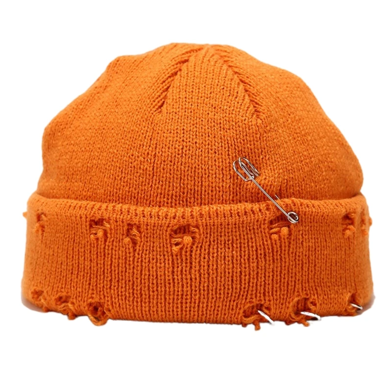 

Unisex Winter Knitted Beanie Hat with Pins O-Ring Vintage Distressed Hole Solid Color Hip Hop Stretch Cuffed Skull Cap