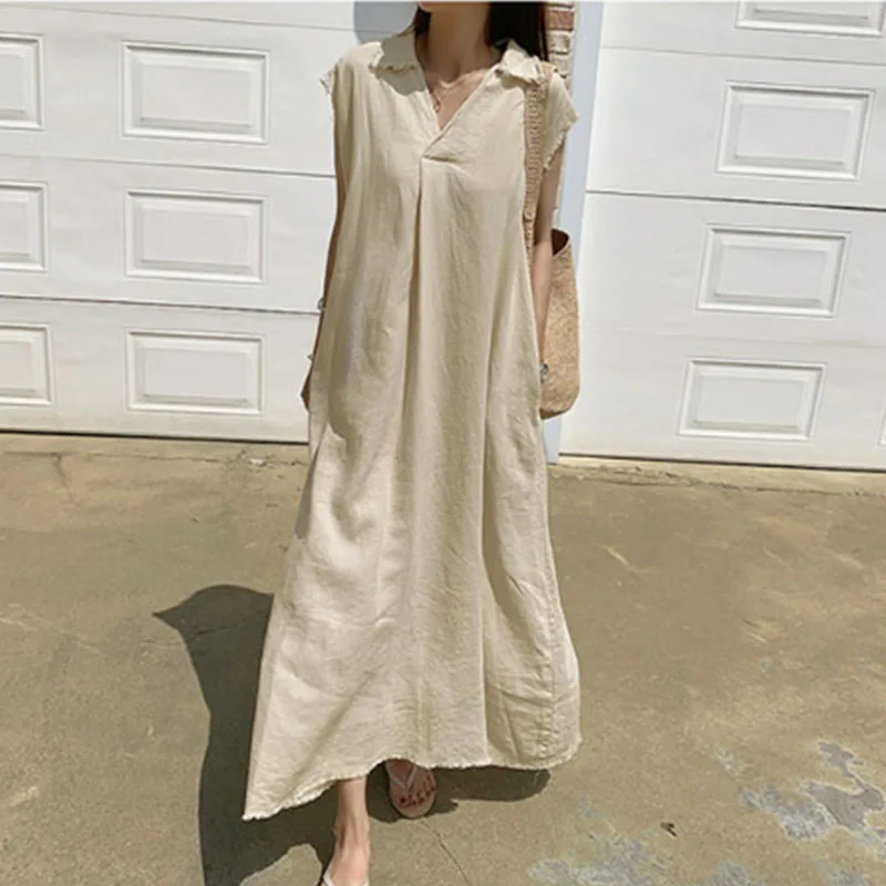 

2021 spring simple solid blocking straight long dress elegant casual fashion all-match long dress termperament basic cotton robe
