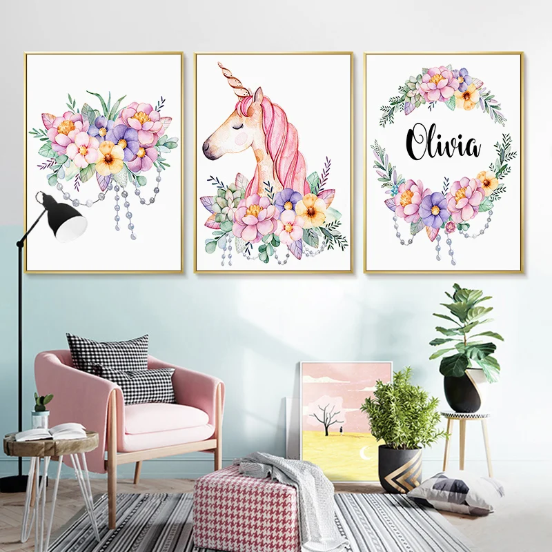 

Pink Unicorn Flower Plant Canvas Painting Nordic Customized Name Poster Print Fresh Floral Wall Art Pictures for Kid Bedroom