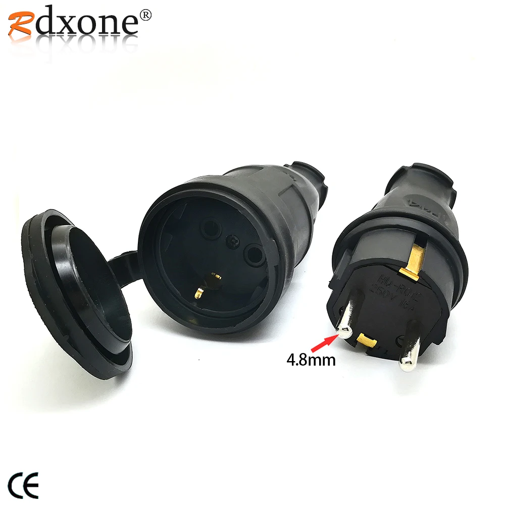 

16A EU Rubber Waterproof Socket Plug Electrial Grounded European Connector With Cover IP44 For DIY Power Cable Cord 250V