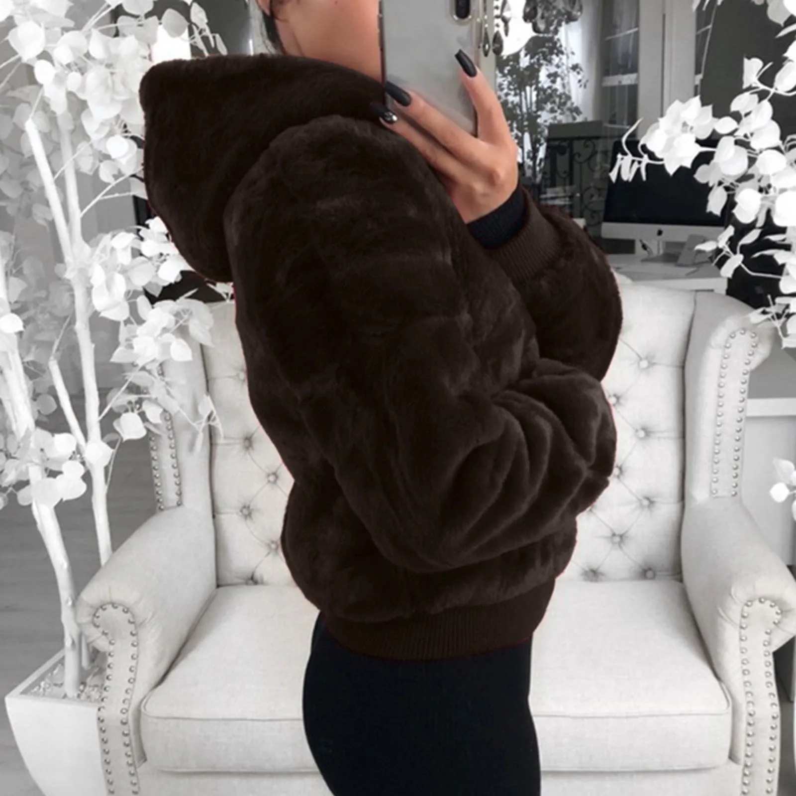 Women's Casual Faux Fur Hoodie Coat Autumn Winter Warm Solid Jacket Outwear 2021 Fashion Female Pockets Zipper Jacket Tops