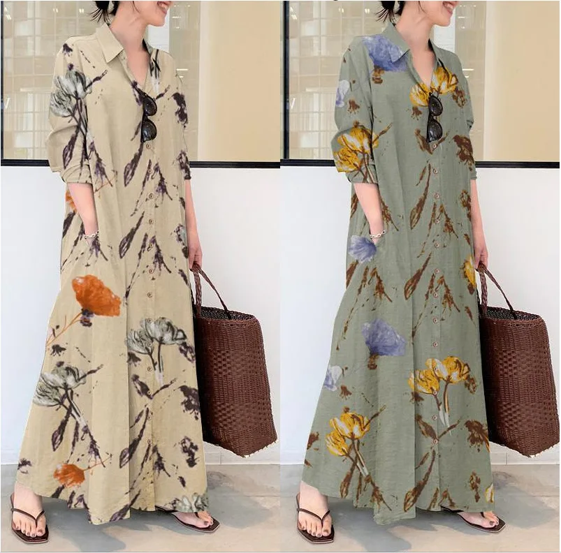 Для женщин Длинные рукава сарафан с цветочным рисунком отложным воротником