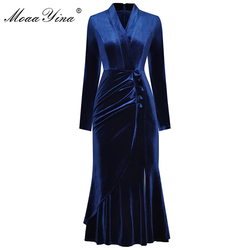 

MoaaYina Fashion Designer dress Spring Women's Dress Long sleeve V-neck Ruched Ruffles Velvet Package hip Dresses