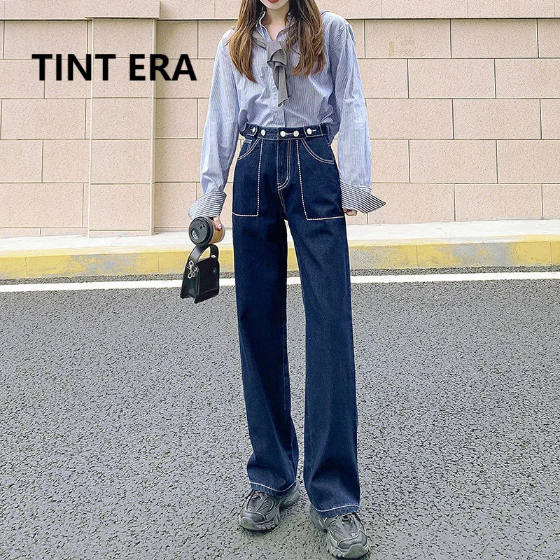 

Женские джинсы с драпировкой TINT ERA, свободные темно-синие джинсы с вышивкой и высокой талией, широкие брюки, модель Y2k в Корейском стиле, 2021