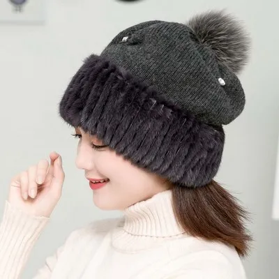 dark grey Glaforny Женская однотонная норковая меховая шапка зимняя Корейская версия вязанная шапка Милая Джокер норковая утолщенная шерстяная шапка - Цвет: dark grey