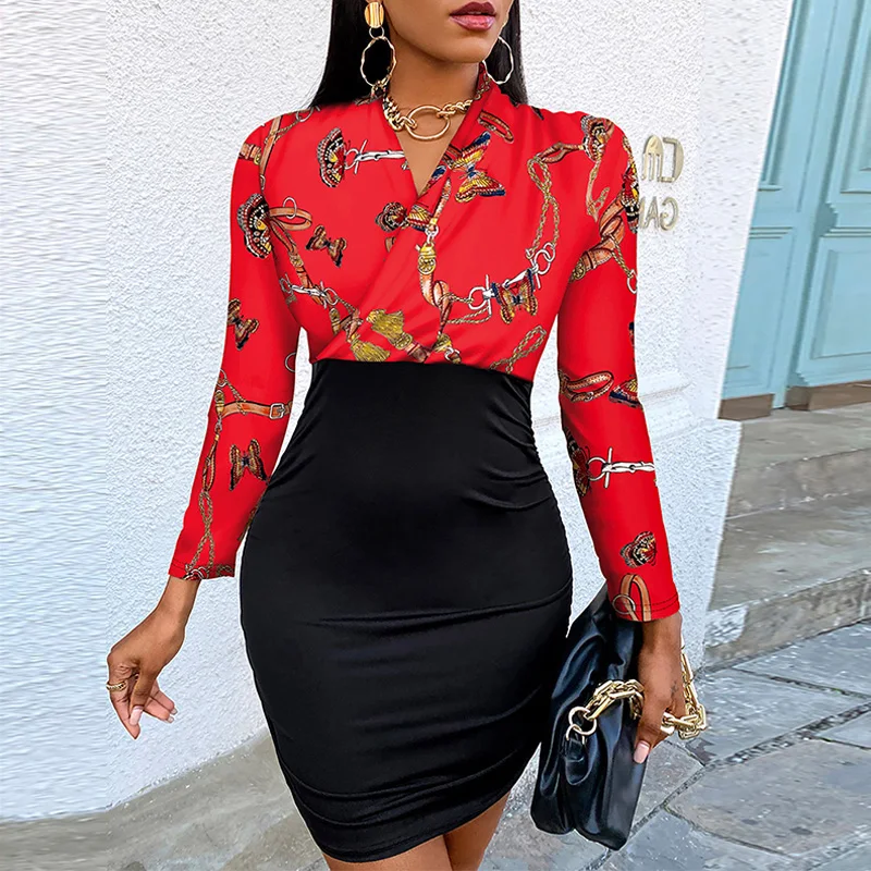

Sexy V-Neck Slim Office Lady Dress Spring Long Sleeve Women Mini Dress Fashion Chain Butterfly Print Bodycon Party Dress Vestido