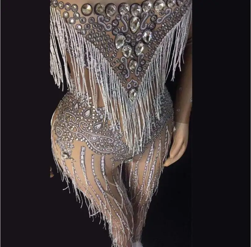 

Silvery Fringes Bright Rhinestones Bodysuit Women's Birthday Jazz Dance Stage Costume Nightclub Female Singer Show Outfit dress