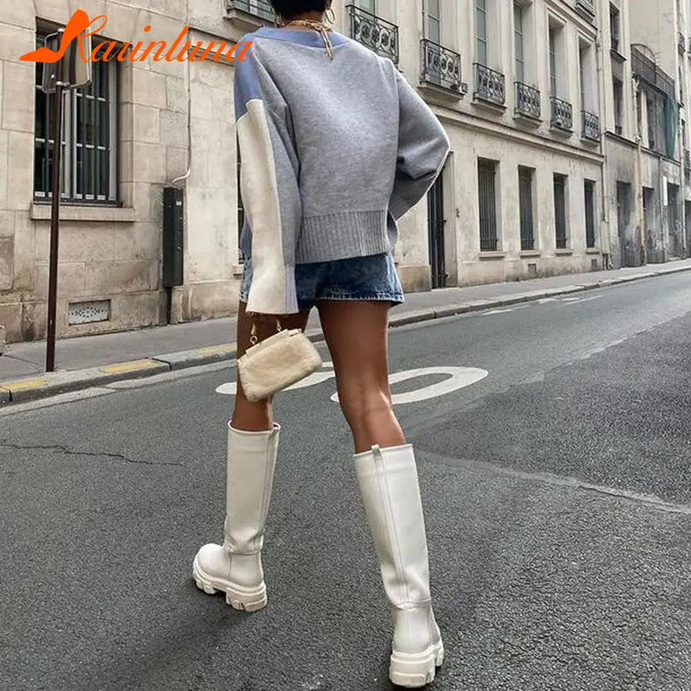 luxury brand ins hot ladies chunky heels white boots fashion thick bottom round toe women boots cool casual platform shoes woman free global shipping