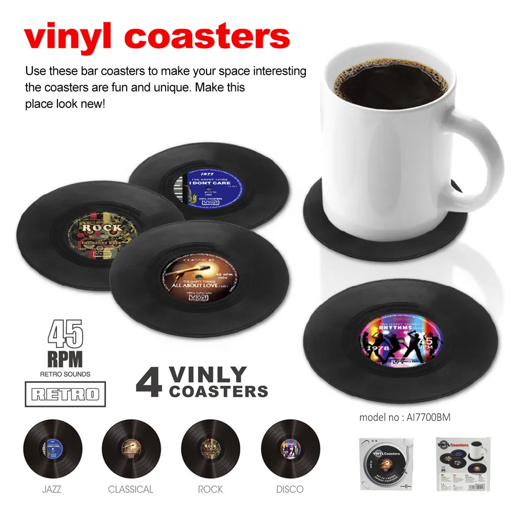 

4 PCS Plastic Vinyl Record Coaster Cup Mat Black Retro Mug Coaster Pad Heatresistant Non Slip Hot Drink Holder Home Pleasure