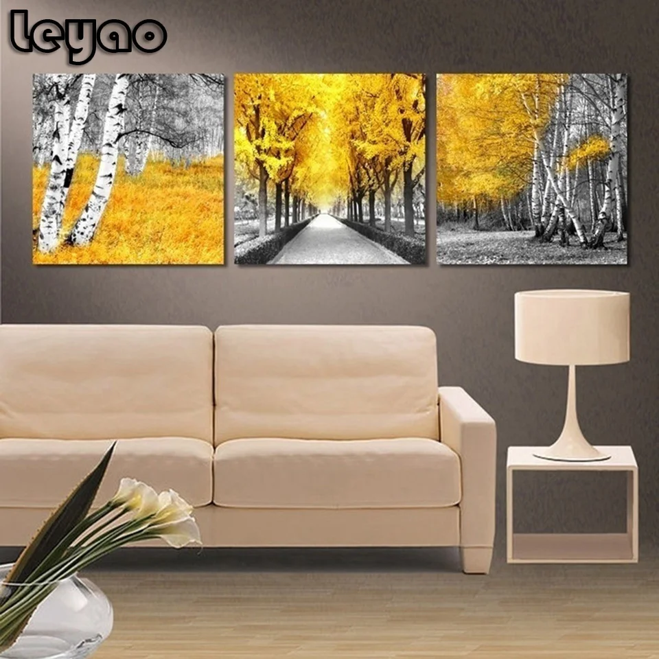 

Diamond Art Painting Full Drill Square 3 pcs Beautiful Yellow Woods Paintings triptych Picture Paint By Diamond Handmade Craft