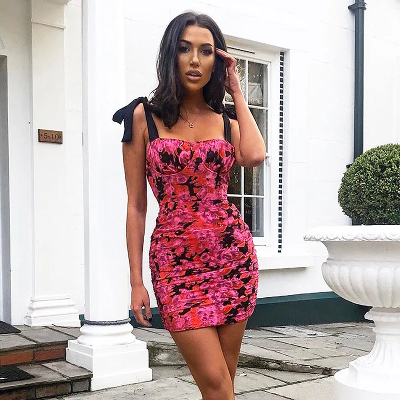

RuiLee 2020 Floral print sleeveless Pleated sexy slip mini dress spring summer women streetwear club commuter streetwear outfits