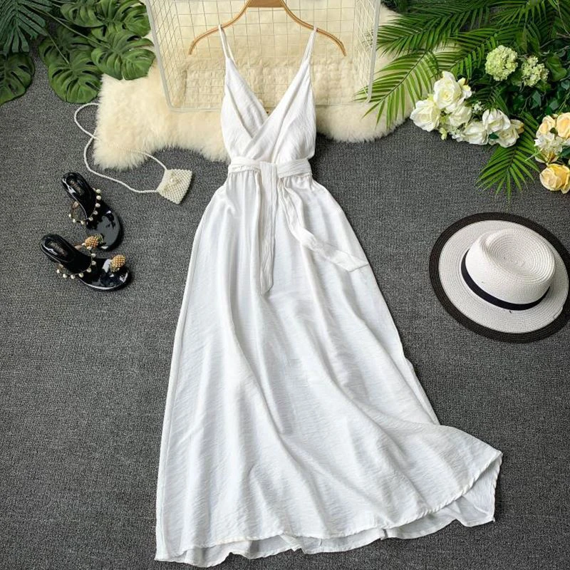 Платье WEIHAOBANG с открытой спиной на бретелях V-образным вырезом | Женская одежда