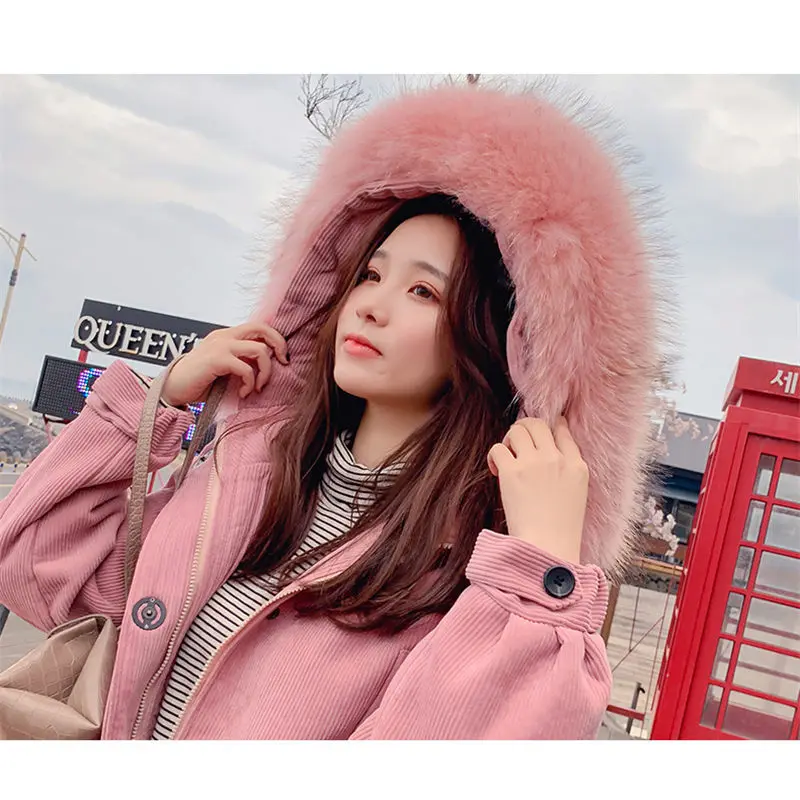 Женская Вельветовая куртка с меховым воротником капюшоном|Женские парки| |