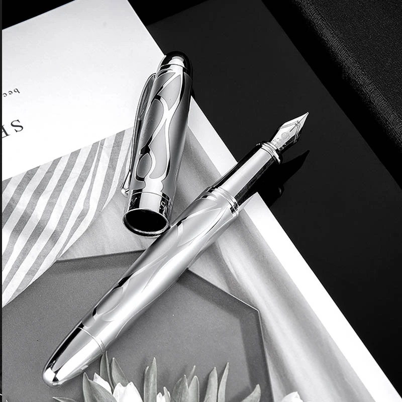 

HongDian Printing Stainless Steel Fountain Pen Fine Nib Retro Silver Student Office Practice Supply Writing Pens Stationery Gift